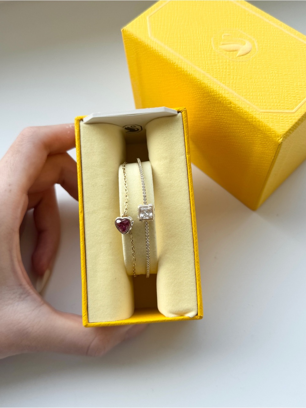 Swarovski Pink Heart and Clear Square Bracelet Duo